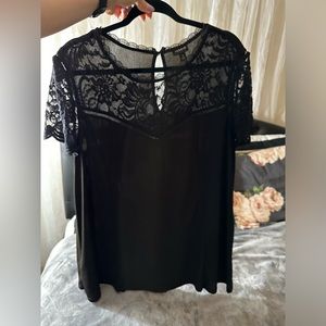 Black blouse with lace along the neck, back and shoulders.